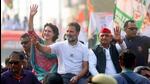 Samajwadi Party (SP) chief Akhilesh Yadav and Congress leader Rahul Gandhi and party General Secretary Priyanka Gandhi Vadra during a rally in Agra. (File Photo) Samajwadi Party (SP) chief Akhilesh Yadav and Congress leader Rahul Gandhi and party General Secretary Priyanka Gandhi Vadra during a rally in Agra. (File Photo)