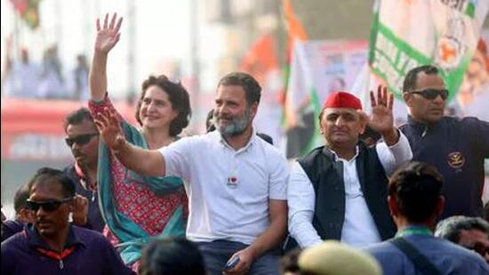 Samajwadi Party (SP) chief Akhilesh Yadav and Congress leader Rahul Gandhi and party General Secretary Priyanka Gandhi Vadra during a rally in Agra. (File Photo) Samajwadi Party (SP) chief Akhilesh Yadav and Congress leader Rahul Gandhi and party General Secretary Priyanka Gandhi Vadra during a rally in Agra. (File Photo)