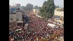 The sea of devotees in Ayodhya on Monday (HT Photo) The sea of devotees in Ayodhya on Monday (HT Photo)