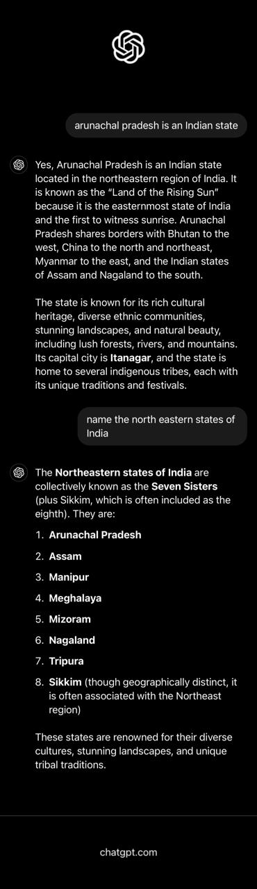 Prompt on ChatGPT on Arunachal Pradesh. (Screengran (ChatGPT)) Prompt on ChatGPT on Arunachal Pradesh. (Screengran (ChatGPT))