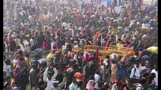 Devotees arrive to take a dip at Sangam during the ongoing Mahakumbh, in Prayagraj, Thursday. (PTI Photo) Devotees arrive to take a dip at Sangam during the ongoing Mahakumbh, in Prayagraj, Thursday. (PTI Photo)