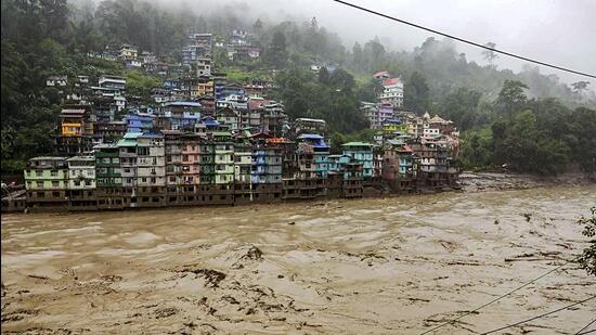 A sudden cloud burst over Lhonak Lake in North Sikkim resulted in a flash flood in the Teesta River in the Lachen valley in October 2023. (PTI File Photo) A sudden cloud burst over Lhonak Lake in North Sikkim resulted in a flash flood in the Teesta River in the Lachen valley in October 2023. (PTI File Photo)