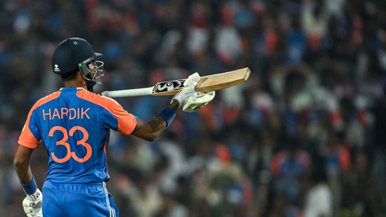 Pandya smashed 53 runs in 30 balls before falling to Jamie Overton in the 18th over. (AFP)