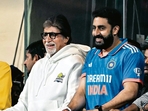 Actors Amitabh and Abhishek Bachchan were spotted cheering for Team India. Actors Amitabh and Abhishek Bachchan were spotted cheering for Team India.