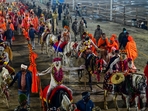 Naga Sadhus led most of the akharas during the sacred bathing ritual on Basant Panchami, displaying their weapon-handling skills by wielding spears, swords and tridents with precision. Some Naga sadhus were seen riding horses, while others walked barefoot with garlands draped around their necks and tridents held high.(Deepak Gupta/Hindustan Times) Naga Sadhus led most of the akharas during the sacred bathing ritual on Basant Panchami, displaying their weapon-handling skills by wielding spears, swords and tridents with precision. Some Naga sadhus were seen riding horses, while others walked barefoot with garlands draped around their necks and tridents held high.(Deepak Gupta/Hindustan Times)
