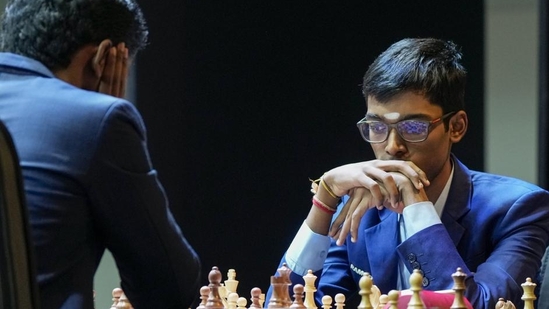 R Praggnanandhaa defeated D Gukesh in the tiebreaker to win the Tata Steel Masters title. (PTI)(HT_PRINT) R Praggnanandhaa defeated D Gukesh in the tiebreaker to win the Tata Steel Masters title. (PTI)(HT_PRINT)
