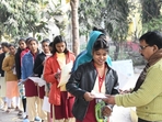 Students show their admit cards to officials to appear for the Day 3 of BSEB Class 12 Board exams in Patna(Santosh Kumar) Students show their admit cards to officials to appear for the Day 3 of BSEB Class 12 Board exams in Patna(Santosh Kumar)