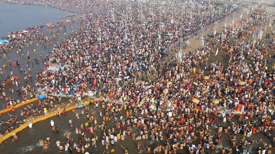 An aerial view of Triveni Sangam during the Mahakumbh (Deepak Gupta/HT) An aerial view of Triveni Sangam during the Mahakumbh (Deepak Gupta/HT)