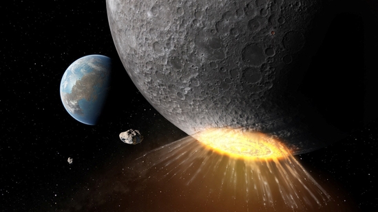 An undated artistic rendering shows an asteroid or comet striking near the Moon's south pole about 3.8 billion years ago, an impact that carved out two large craters.(via REUTERS)