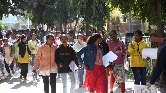 Students coming out from at D.A.V high school danapur in Patna after appearing in the Class 12 (intermediate) exam of the Bihar School Examination Board (BSEB). (Santosh Kumar )