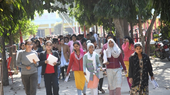 Students of Class 12 coming out after for the exam of the at D.A.V high school danapur in Patna. (Santosh Kumar )