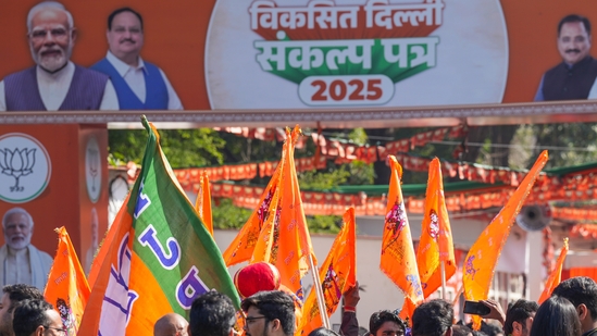 New Delhi: BJP supporters at the party office on the counting day for Delhi Assembly polls, in New Delhi, Saturday, Feb. 8, 2025. (PTI Photo/Kamal Kishore) (PTI02_08_2025_000067A) New Delhi: BJP supporters at the party office on the counting day for Delhi Assembly polls, in New Delhi, Saturday, Feb. 8, 2025. (PTI Photo/Kamal Kishore) (PTI02_08_2025_000067A)