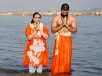 Vijay Deverakonda and his mother at the Mahakumbh in Prayagraj. Vijay Deverakonda and his mother at the Mahakumbh in Prayagraj.