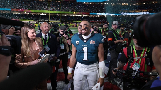 Jalen Hurts #1 of the Philadelphia Eagles celebrates after Philadelphia beat Kansas City 40-22 to win Super Bowl LIX at Caesars Superdome on February 09, 2025 in New Orleans, Louisiana. (Getty Images via AFP)