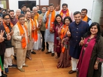 Delhi BJP President Virendra Sachdeva, BJP Delhi in-charge Baijayant Panda, BJP National general secretary BL Santosh, BJP MPs from Delhi and newly elected MLAs before a meeting after the victory in Delhi assembly election in New Delhi. (PTI) Delhi BJP President Virendra Sachdeva, BJP Delhi in-charge Baijayant Panda, BJP National general secretary BL Santosh, BJP MPs from Delhi and newly elected MLAs before a meeting after the victory in Delhi assembly election in New Delhi. (PTI)