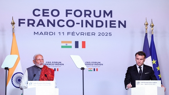 Indian Prime Minister Narendra Modi (L) delivers a speech next to French President Emmanuel Macron during the closing session of the Franco-Indian Economic Forum at the Quai d'Orsay following the Artificial Intelligence (AI) Action Summit in Paris, on February 11, 2025. (Photo by Abdul Saboor / POOL / AFP)(AFP) Indian Prime Minister Narendra Modi (L) delivers a speech next to French President Emmanuel Macron during the closing session of the Franco-Indian Economic Forum at the Quai d'Orsay following the Artificial Intelligence (AI) Action Summit in Paris, on February 11, 2025. (Photo by Abdul Saboor / POOL / AFP)(AFP)