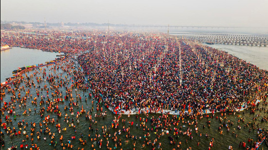 An aerial view of Triveni Sangam as devotees take 'Amrit Snan' on the occasion of 'Magh Purnima' on Wednesday (ANI) An aerial view of Triveni Sangam as devotees take 'Amrit Snan' on the occasion of 'Magh Purnima' on Wednesday (ANI)