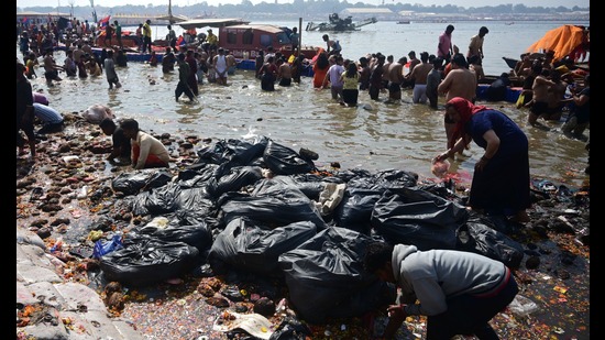 Bags full of collected trash at Sangam during ongoing Mahakumbh-2025 in Prayagraj (HT Photo) Bags full of collected trash at Sangam during ongoing Mahakumbh-2025 in Prayagraj (HT Photo)
