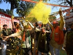 BJP supporters celebrate the Delhi election results on February 8.(Arvind Yadav/ HT Photo) BJP supporters celebrate the Delhi election results on February 8.(Arvind Yadav/ HT Photo)