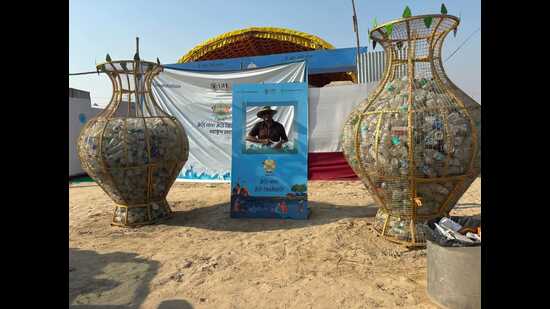 The huge kalash with plastic bottles at Mahakumbh-2025 in Prayagraj (HT Photo) The huge kalash with plastic bottles at Mahakumbh-2025 in Prayagraj (HT Photo)