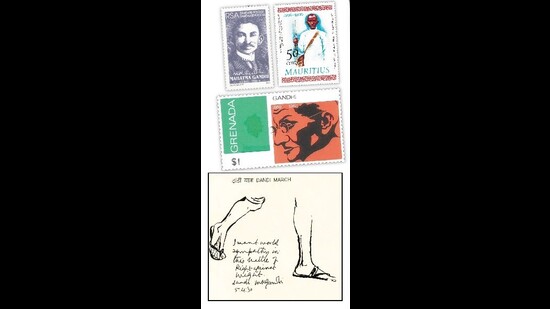 (Clockwise from top left) Gandhi stamps issued in South Africa, Mauritius, Grenada and the cover of a special edition of Gandhi stamps issued in India. (Clockwise from top left) Gandhi stamps issued in South Africa, Mauritius, Grenada and the cover of a special edition of Gandhi stamps issued in India.