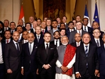 French President Emmanuel Macron (C-L) and Indian Prime Minister Narendra Modi (C-R) pose for a family picture before the closing session of the Franco-Indian Economic Forum at the Quai d'Orsay following the Artificial Intelligence (AI) Action Summit in Paris, on February 11, 2025. (Photo by Abdul Saboor / POOL / AFP) (AFP) French President Emmanuel Macron (C-L) and Indian Prime Minister Narendra Modi (C-R) pose for a family picture before the closing session of the Franco-Indian Economic Forum at the Quai d'Orsay following the Artificial Intelligence (AI) Action Summit in Paris, on February 11, 2025. (Photo by Abdul Saboor / POOL / AFP) (AFP)