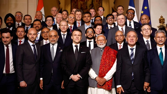French President Emmanuel Macron (C-L) and Indian Prime Minister Narendra Modi (C-R) pose for a family picture before the closing session of the Franco-Indian Economic Forum at the Quai d'Orsay following the Artificial Intelligence (AI) Action Summit in Paris, on February 11, 2025. (Photo by Abdul Saboor / POOL / AFP) (AFP) French President Emmanuel Macron (C-L) and Indian Prime Minister Narendra Modi (C-R) pose for a family picture before the closing session of the Franco-Indian Economic Forum at the Quai d'Orsay following the Artificial Intelligence (AI) Action Summit in Paris, on February 11, 2025. (Photo by Abdul Saboor / POOL / AFP) (AFP)