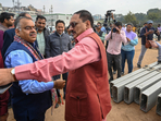 Virendra Sachdeva, president of Delhi BJP along with other senior BJP leaders, inspects the preparations for the oath ceremony of Delhi chief minister at Ramlila Maidan in New Delhi. (Sanchit Khanna/ Hindustan Times) Virendra Sachdeva, president of Delhi BJP along with other senior BJP leaders, inspects the preparations for the oath ceremony of Delhi chief minister at Ramlila Maidan in New Delhi. (Sanchit Khanna/ Hindustan Times)