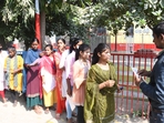 Officials verify the details of students before appearing for the BSEB Class 10 exam in Patna(Santosh Kumar) Officials verify the details of students before appearing for the BSEB Class 10 exam in Patna(Santosh Kumar)