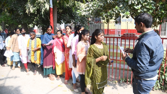 Officials verify the details of students before appearing for the BSEB Class 10 exam in Patna(Santosh Kumar)