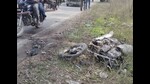 The bike that was hit by a truck at Nawan village on the Kapurthala-Goindwal road. (HT) The bike that was hit by a truck at Nawan village on the Kapurthala-Goindwal road. (HT)