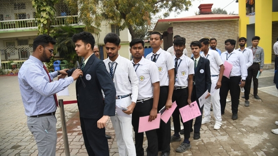 Students entering St. Dominic savio's high school Danapur in patna where CBSE Class 10 Hindi exam will be held. (Santosh Kumar )