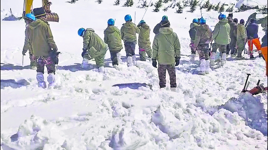 Rescue operation underway after an avalanche hit the Border Roads Organisation (BRO) camp between Mana and Badrinath on Friday, in Chamoli district in Uttarakhand. (PTI) Rescue operation underway after an avalanche hit the Border Roads Organisation (BRO) camp between Mana and Badrinath on Friday, in Chamoli district in Uttarakhand. (PTI)