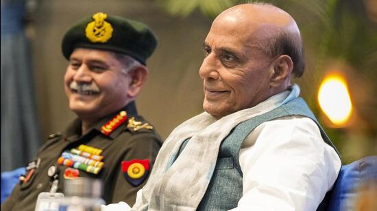 Defence minister Rajnath Singh with Chief of Army Staff General Upendra Dwivedi during DRDO-MHA collaboration conference in New Delhi on Tuesday. (PTI) Defence minister Rajnath Singh with Chief of Army Staff General Upendra Dwivedi during DRDO-MHA collaboration conference in New Delhi on Tuesday. (PTI)