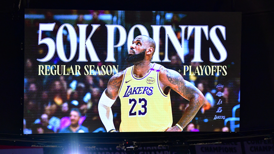 Video board displaying 50,000 career point milestone for Los Angeles Lakers forward LeBron James (23) after scoring a three point basket against the against the New Orleans Pelicans during the first half at Crypto.com Arena. (Reuters/Gary A. Vasquez)