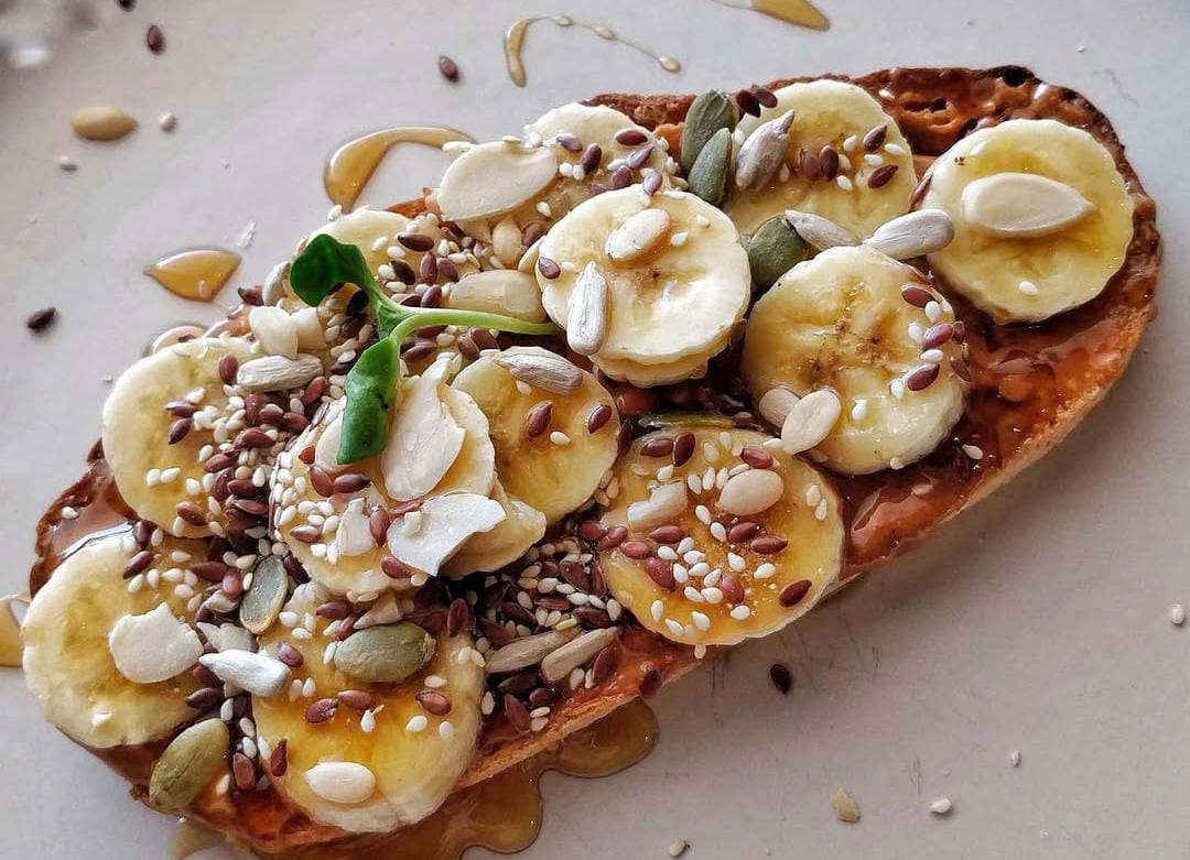 Banana, dates, peanut butter honey toast Banana, dates, peanut butter honey toast