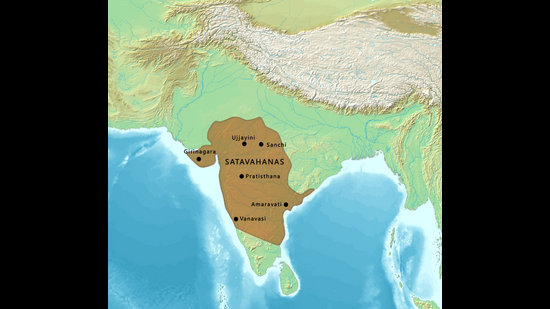 Map of Satavahana territory (DEMIS Map server/ Wikimedia Commons) Map of Satavahana territory (DEMIS Map server/ Wikimedia Commons)