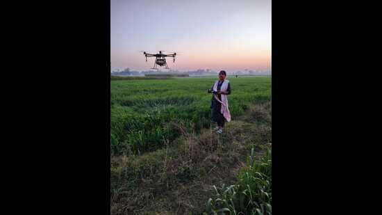 Neetu Singh operates the drone n Mehandi Ganj area recently (HT Photo) Neetu Singh operates the drone n Mehandi Ganj area recently (HT Photo)