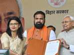 Patna: Bihar Chief Minister Nitish Kumar with Deputy Chief Minister Samrat Choudhary during the distribution of appointment letters to newly appointed teachers, in Patna, Sunday, March 9, 2025.(PTI) Patna: Bihar Chief Minister Nitish Kumar with Deputy Chief Minister Samrat Choudhary during the distribution of appointment letters to newly appointed teachers, in Patna, Sunday, March 9, 2025.(PTI)