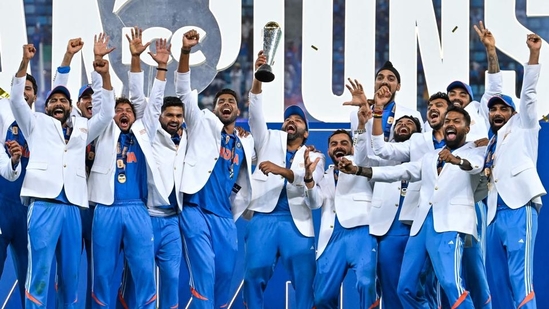 India's players celebrate with the trophy after winning the ICC Champions Trophy final against New Zealand in Dubai(HT_PRINT) India's players celebrate with the trophy after winning the ICC Champions Trophy final against New Zealand in Dubai(HT_PRINT)
