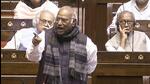 Leader of Opposition in Rajya Sabha, Mallikarjun Kharge, speaks in the House on Tuesday. (Sansad TV) Leader of Opposition in Rajya Sabha, Mallikarjun Kharge, speaks in the House on Tuesday. (Sansad TV)