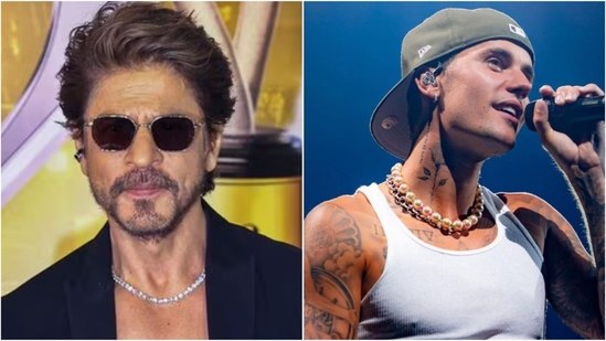 Check out celebs who rocked bling, from Shah Rukh Khan’s dazzling diamonds to Ranveer Singh’s pearls and Justin Bieber’s stacked chains in style.(Instagram)