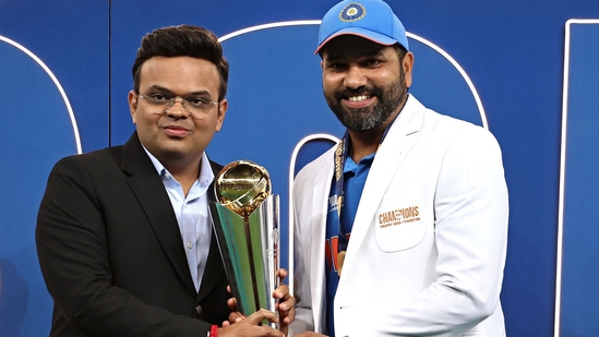 Rohit Sharma winning his second ICC trophy as captain in the last 12 months was one of the tournament's highlights. He received the trophy from ICC chairman Jay Shah.(AFP)
