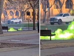Green flames are coming out of a manhole at a Texas college. (Screengrab) Green flames are coming out of a manhole at a Texas college. (Screengrab)