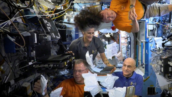 NASA astronauts Sunita Williams, Nick Hague, Barry Wilmore, and Donald Pettit unbox Thanksgiving meals, from the International Space Station (ISS), in this screen grab taken from a handout video, released on November 26, 2024. (NASA/Handout via REUTERS THIS IMAGE HAS BEEN SUPPLIED BY A THIRD PARTY/File Photo)(via REUTERS)