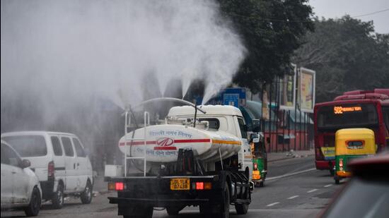 A truck-mounted sprinkler sprays tiny droplets of water to counter air pollution in Delhi. (ANI Photo) A truck-mounted sprinkler sprays tiny droplets of water to counter air pollution in Delhi. (ANI Photo)