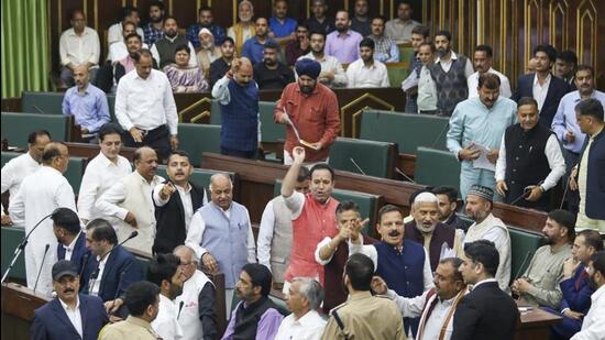 BJP MLAs staging a walkout from the Jammu and Kashmir assembly during the budget session in Jammu on Tuesday. (PTI Photo) BJP MLAs staging a walkout from the Jammu and Kashmir assembly during the budget session in Jammu on Tuesday. (PTI Photo)