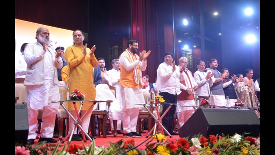Haryana chief minister Nayab Saini during the swearing-in ceremony in Panchkula on Tuesday. (Sant Arora/Hindustan times) Haryana chief minister Nayab Saini during the swearing-in ceremony in Panchkula on Tuesday. (Sant Arora/Hindustan times)