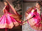 In a stunning photoshoot, Rekha showcases a vibrant fuchsia Anarkali outfit with exquisite gold embroidery. (Instagram/@dabbooratnani) In a stunning photoshoot, Rekha showcases a vibrant fuchsia Anarkali outfit with exquisite gold embroidery. (Instagram/@dabbooratnani)