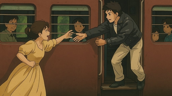 Raj and Simran from Dilwale Dulhaniya Le Jayenge reunite in the memorable train scene.(OpenAI)